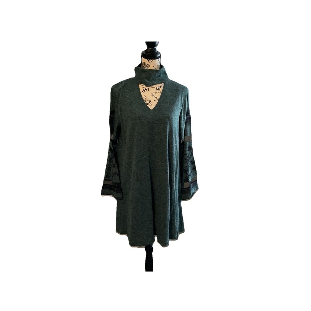 Fab’rik Boho Teal Mock Neck Dress Embroider Bell Sleeve Cozy Knit Keyhole Front